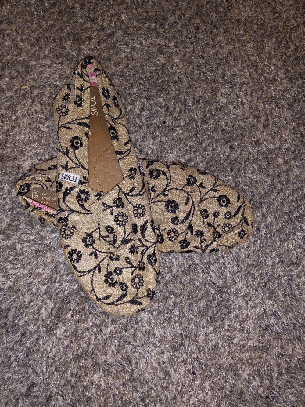 TOMS Tan Canvas Slip-On Flats with Black Floral Embroidery